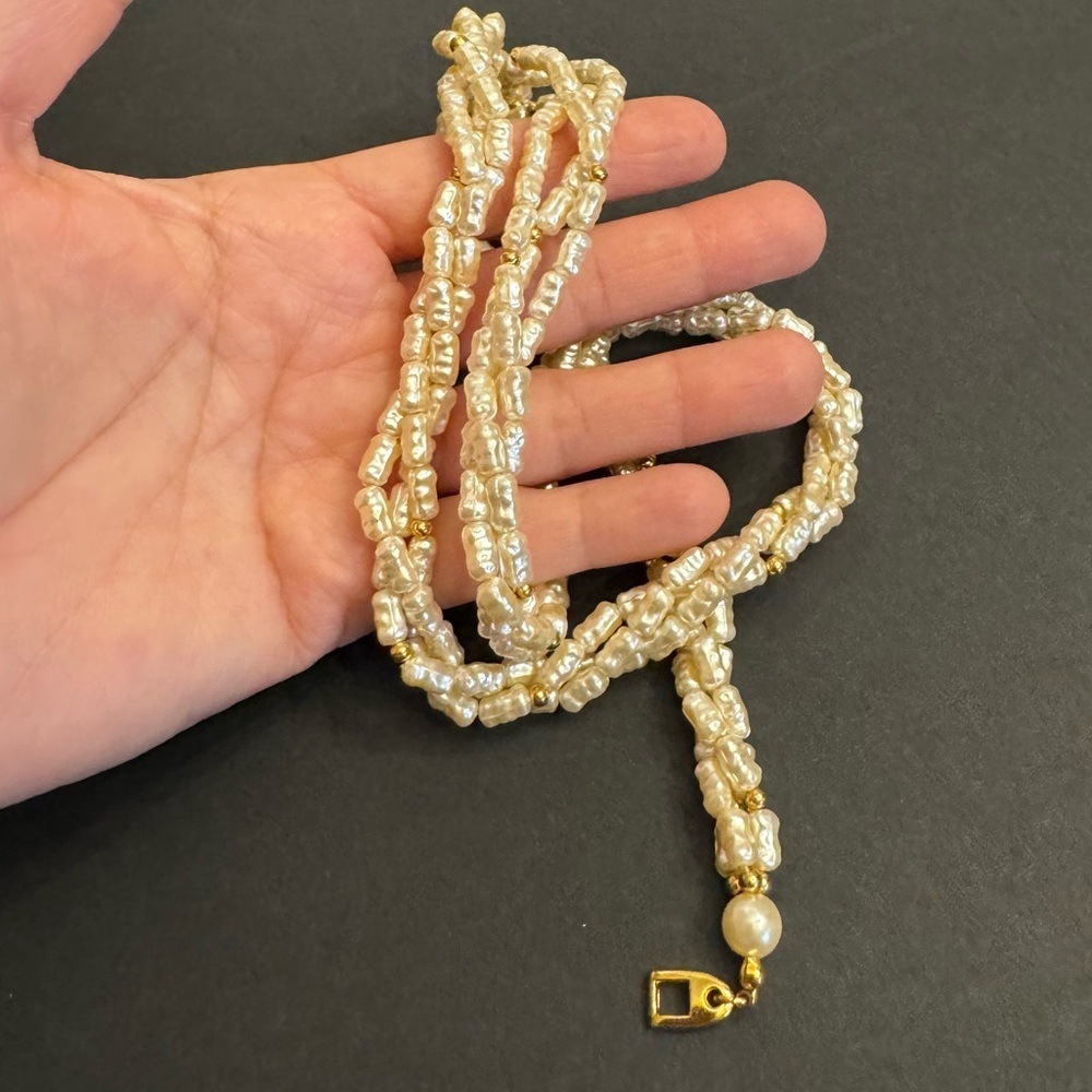 Vintage Napier Twisted Multi Strand Faux Rice Pearl Brads Necklace Gold Tone